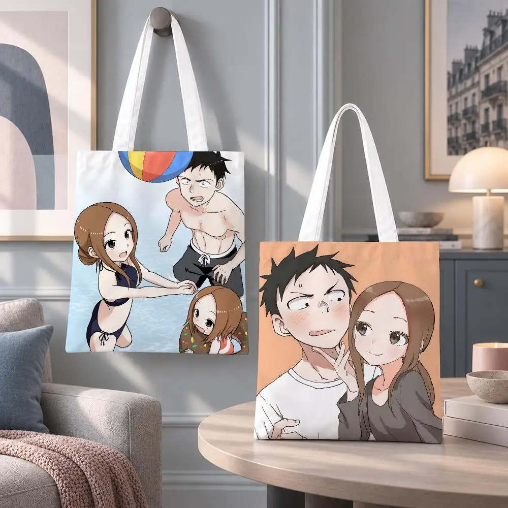 Romantic Anime Teasing Master Takagi-san Storage Bags Eco Canvas Tote Odorless Reusable Double Print Shopping Bag