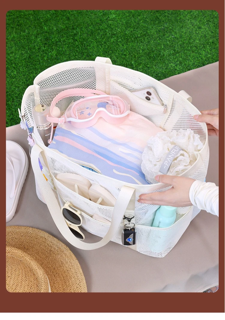 Atmungsaktive Mesh-Strandtasche mit mehreren Aufbewahrungstaschen, übergroße, schnell trocknende, wasserdichte Schultertasche für Sommersport im Freien – Detail 5