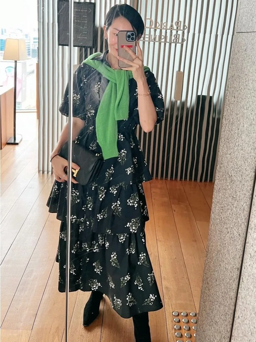 Vestido e con falda de pastel Floral y lazo en la cintura, lazos de manga media, cuello redondo, vestido largo en form...