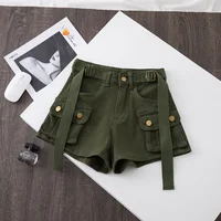 Retro Army Green Work Wear Denim Shorts New Summer Cool Girl Chic Belt Pocket Design High Waist Dance Ultra Short Hot Pants 3