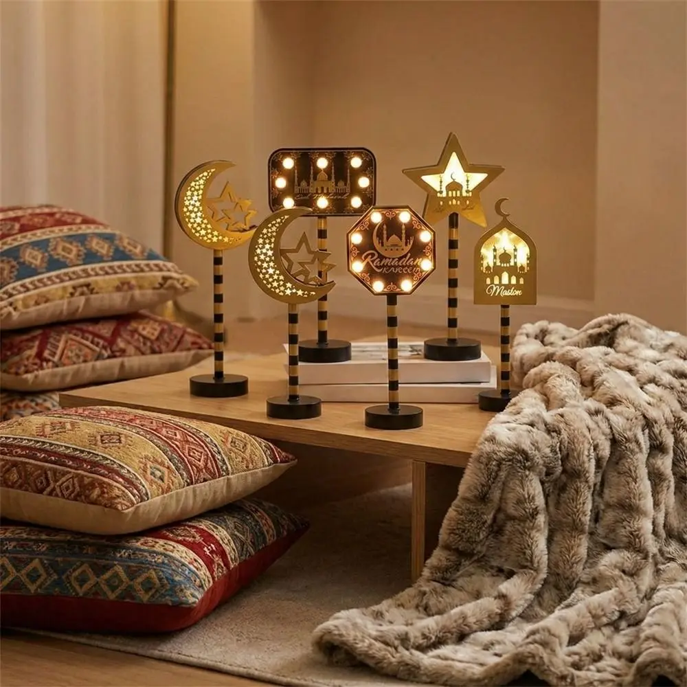 木製シェルledムーンライトledビーズ装飾星ナイトライト-イード・ムバラク省エネ三日月ランプ-ホームディスプレイ