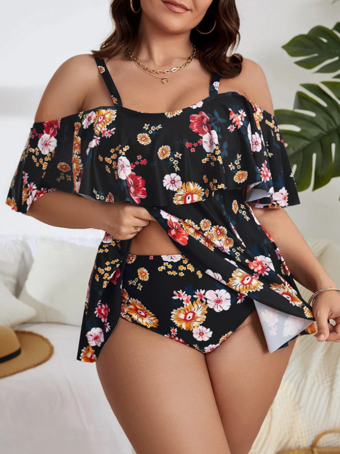 طباعة كشكش حجم كبير ملابس النساء Tankini المايوه ملابس السباحة الكبيرة السمين متعرج ملابس بحر سيدة ثوب السباحة 5XL #3