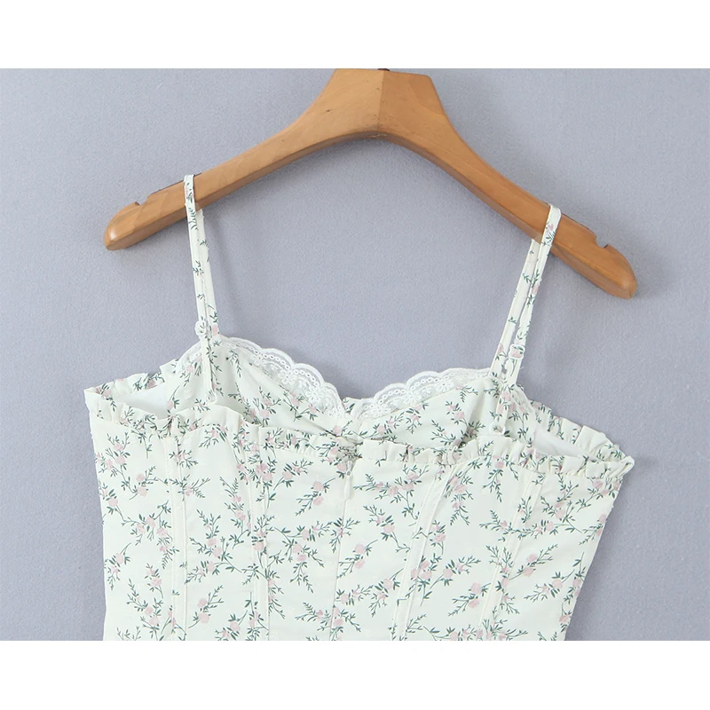 Spitze Trim Floral Print Spaghetti-trägern Kleid Frauen Urlaub Sommer Sexy Elegante Party A-line Mini Kleider Französisch Stil Robe
