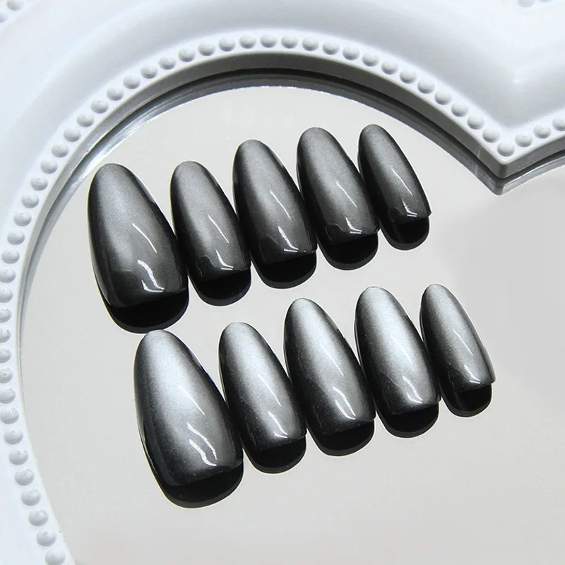 30pcs Medium Almond Press-On Nails - Black Cat Eye French With Cosmic Glitter Edgy Yet Sweet (Multi-Size Fit)