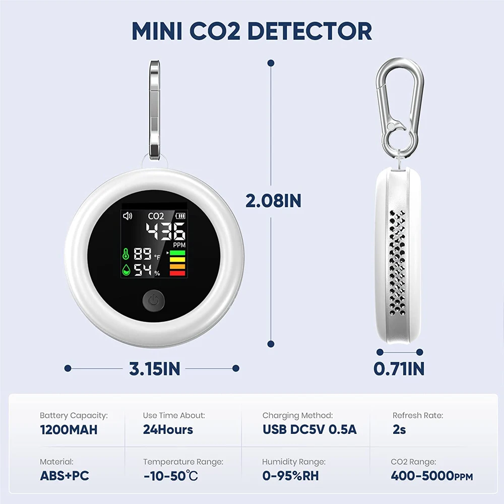 3in1 NDIR CO2 Sensor Detector Temperature Humidity Air Quality Monitor LCD Display 40 - 5000ppm Range USB-C Charging