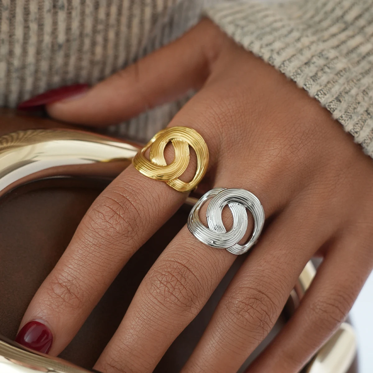 Stainless Steel Rings for Women 18K Gold Plated Multilayer Geometric Open Ring Vintage Waterproof Aesthetic Jewelry Gift For Her