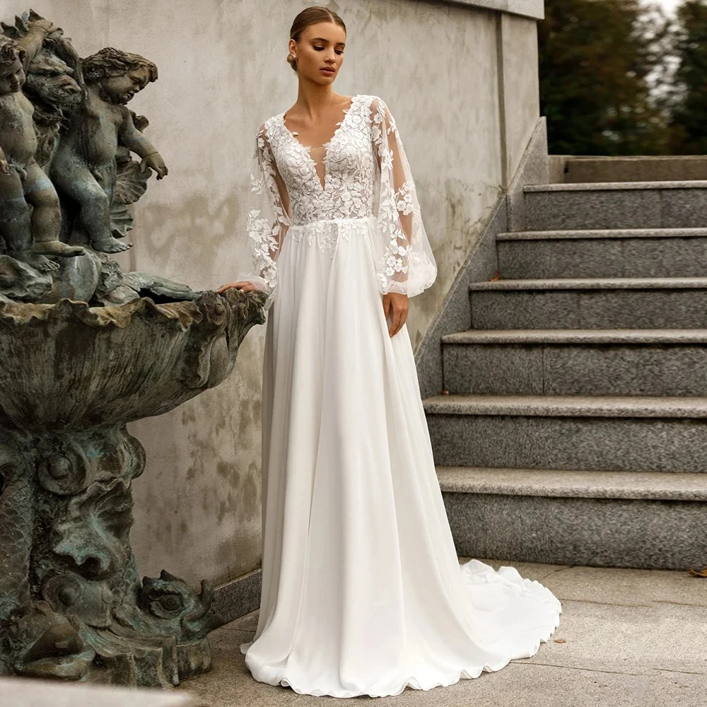 

Puff Sleeves Vestidos De Novia Customized V Neck Applique See Through Chiffon Lace Wedding Dresses Appliques Vestido De Noiva