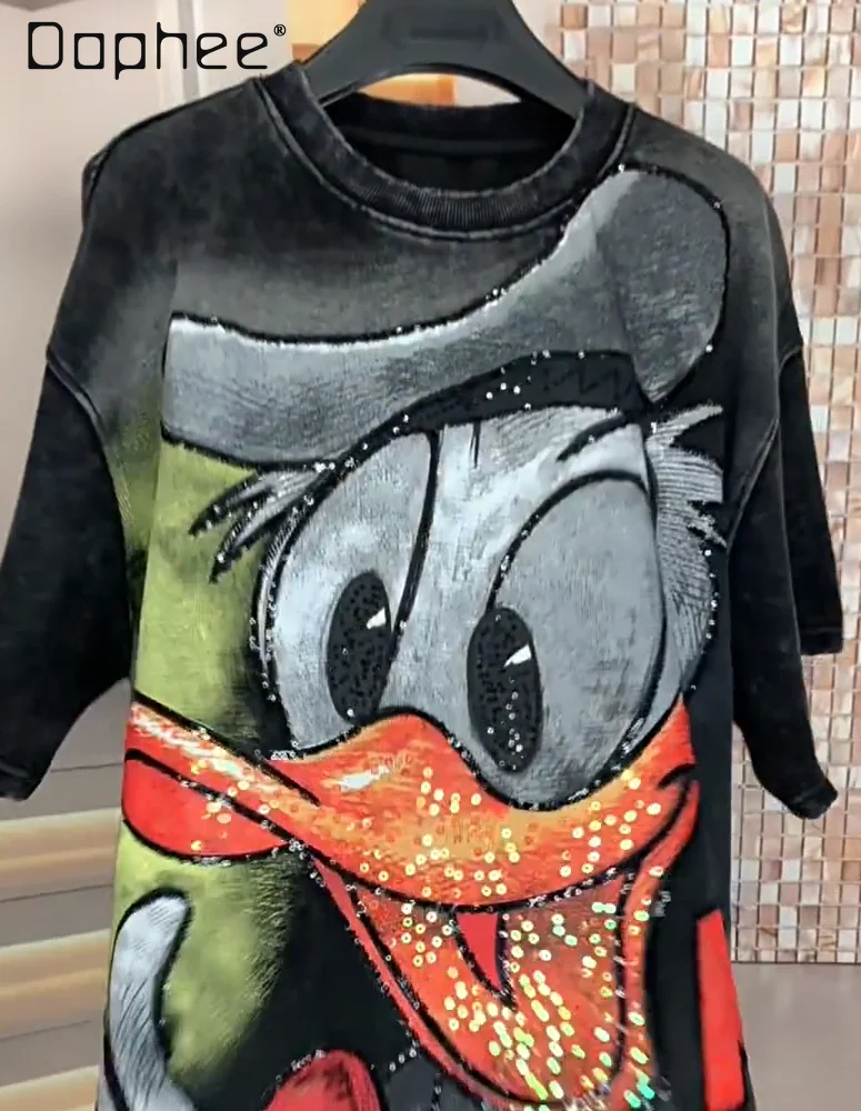 

Oversized Short Sleeve T-Shirt for Women 2025 Autumn New Heavy Craft Print Cartoon Fashion Sequin Mid-Length Loose Top