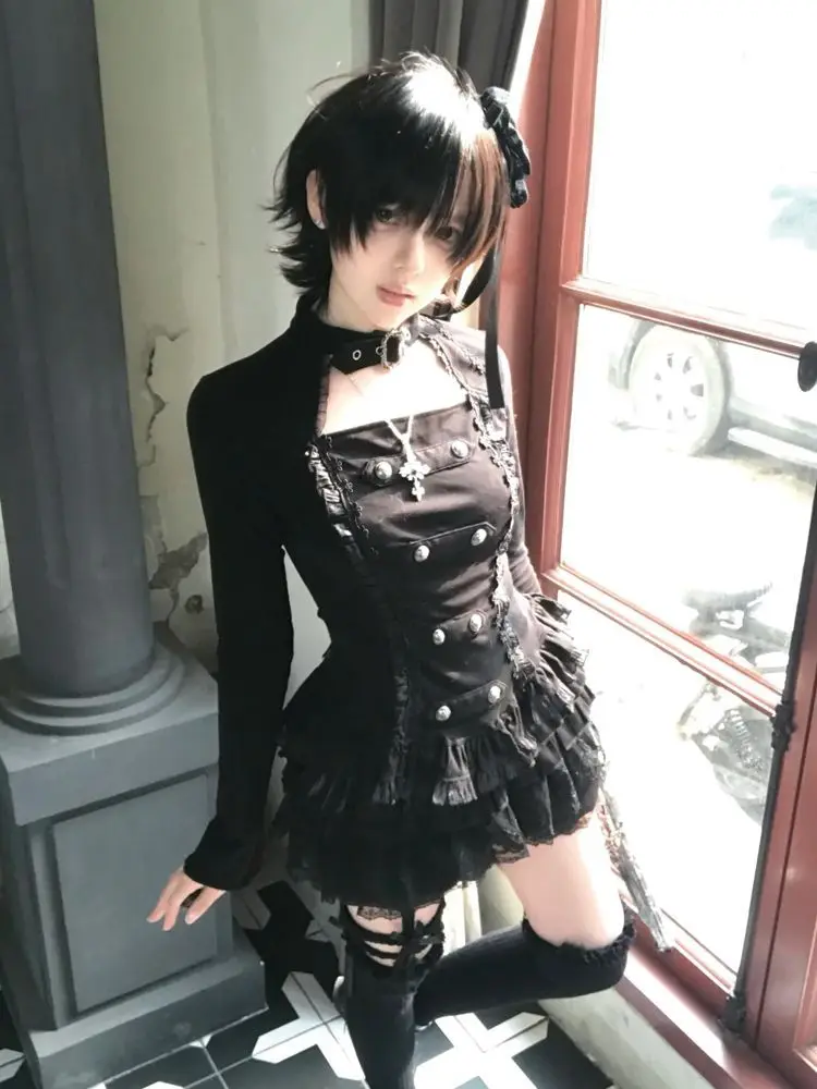 Gothic Lolita Dark Sweet 2 Piece Set Women Long Sleeve Lace Ruffle Tiered Skirt Bowknot Cross Slim Fit Mini Dress Outfit