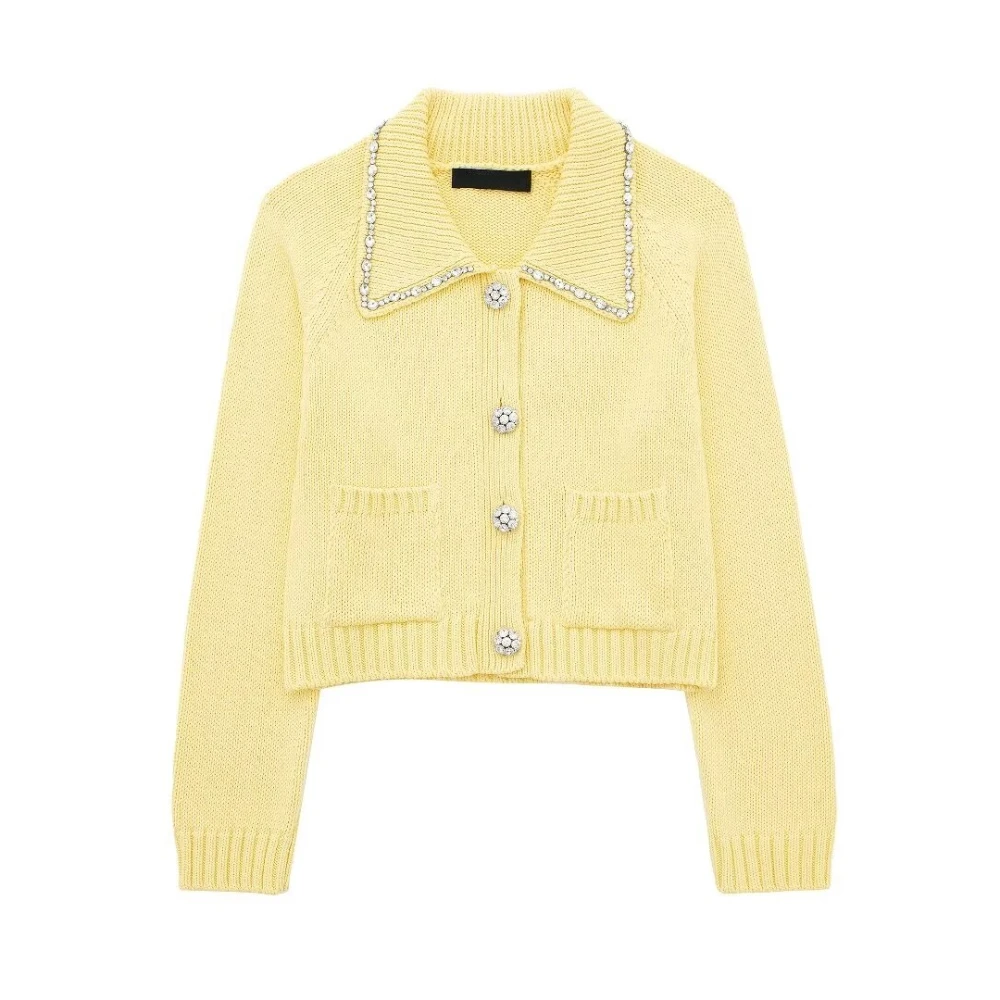 Tangada 2024 Women Yellow Beading Crop Knit Cardigan Sweaters Turn Down Collar Long Sleeve Female Outerwear 3H0440