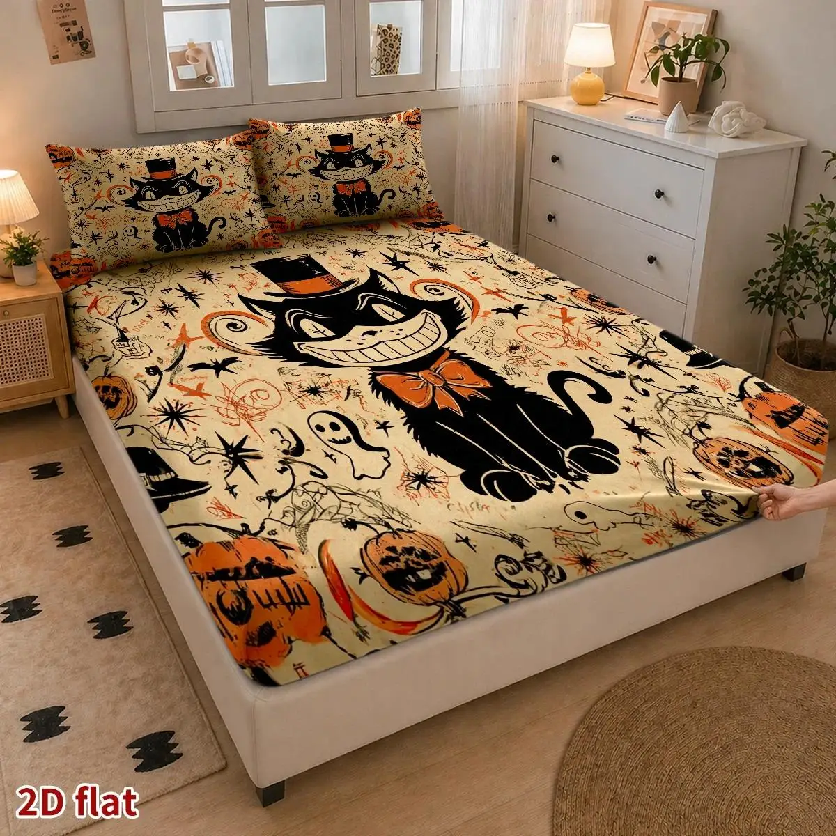 Halloween Bedding Set (Includes 1 Fitted Sheet + 2 Pillowcases, No Core) 2D Flat Printing, Mattress Protector, Halloween Black Cat Smile Theme, Vintage Hand-Drawn Illustration Style, Halloween Carnival Season, Suitable for All Seasons, Elastic Fitted Sheet Protector, Machine Washable, Easy Care, Soft and Breathable Mattress Protector view 5