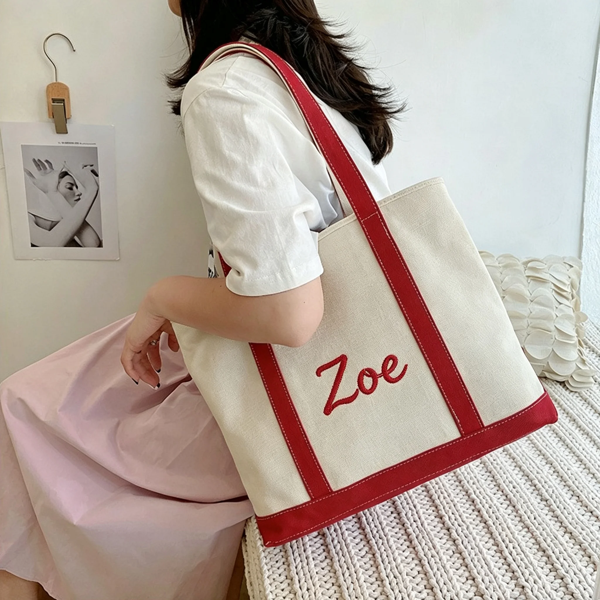 Personalized Embroidered Canvas Tote Bag for Women, Large Capacity Lightweight Simple Trendy Canvas Shoulder Handbag