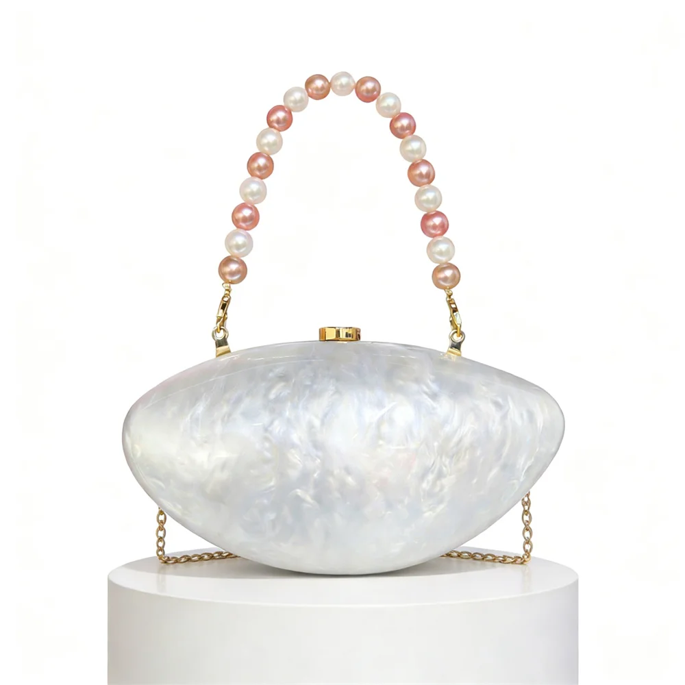 

Новая акриловая женская вечерняя сумка-клатч овальной формы цвета жемчужной белоснежки, на плечо, через плечо, для свадеб, вечеринок и торжественных мероприятий.