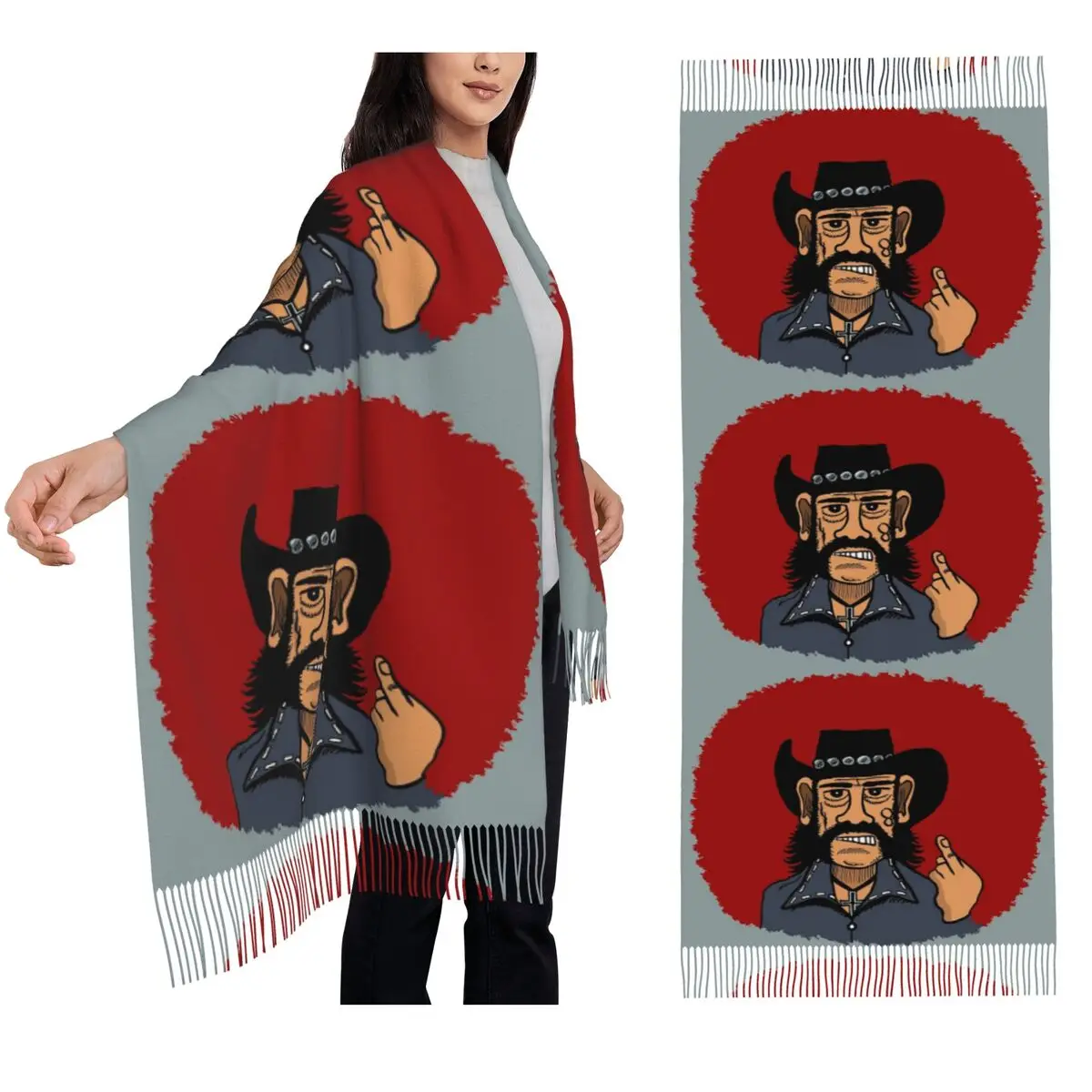 صورة مرسومة من روك ستار Lemmy وشاح شرابة الأوشحة للنساء شالات دافئة ناعمة ويلتف شال طويل الخريف والشتاء
