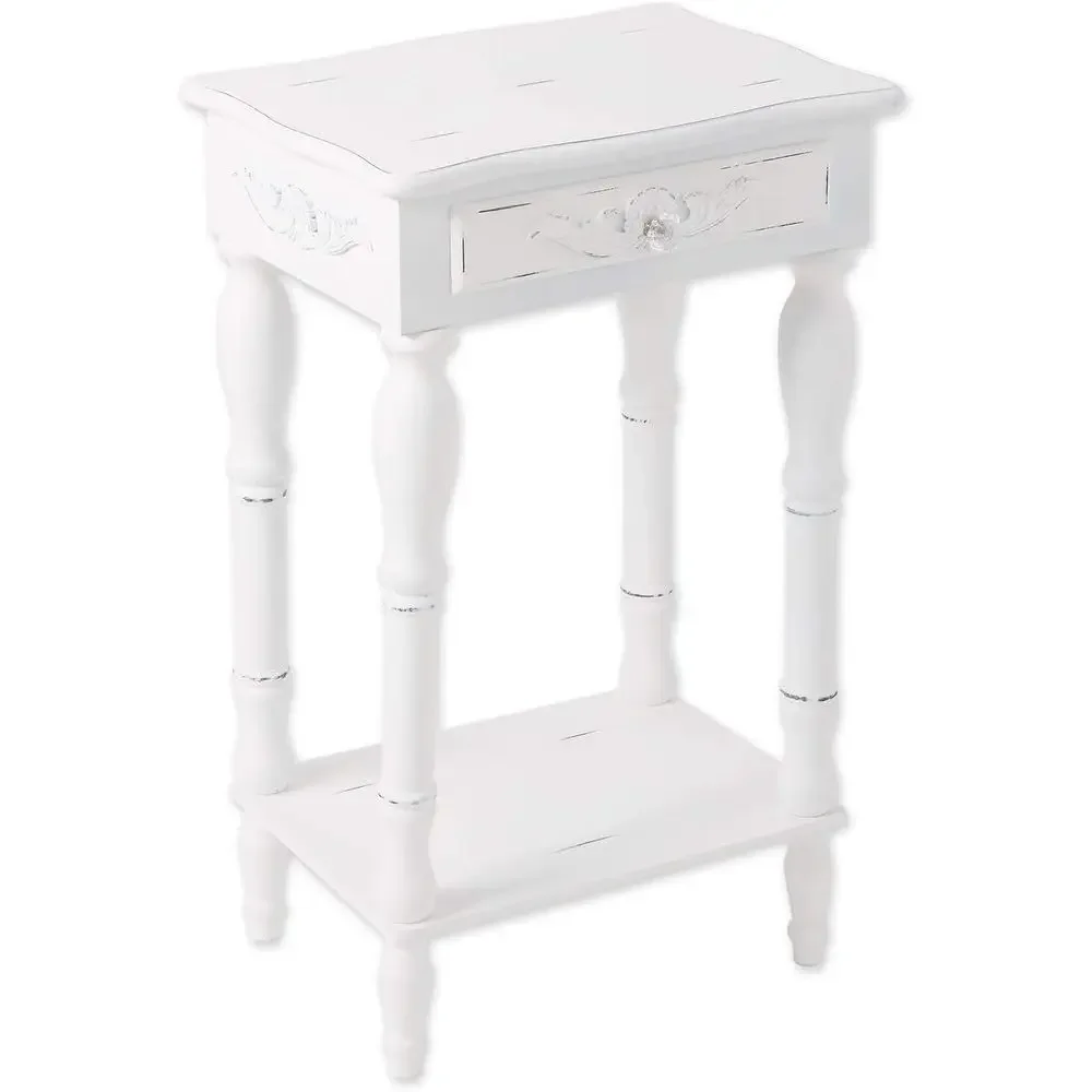 Carved Wood Shabby Chic White Nightstand with Elegant End Table Design