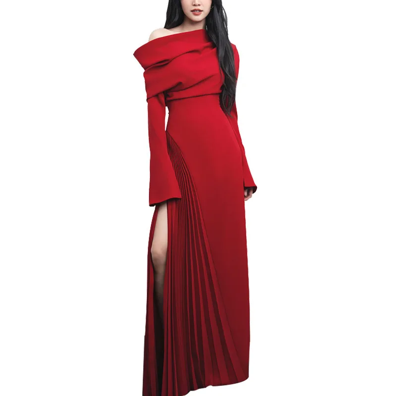 QMQA Fashion Women\'s Designer Dress Slash Neck Long Sleeve Pleated Slit High Waist Elegant Dresses 2025 Female Clothing 1A977