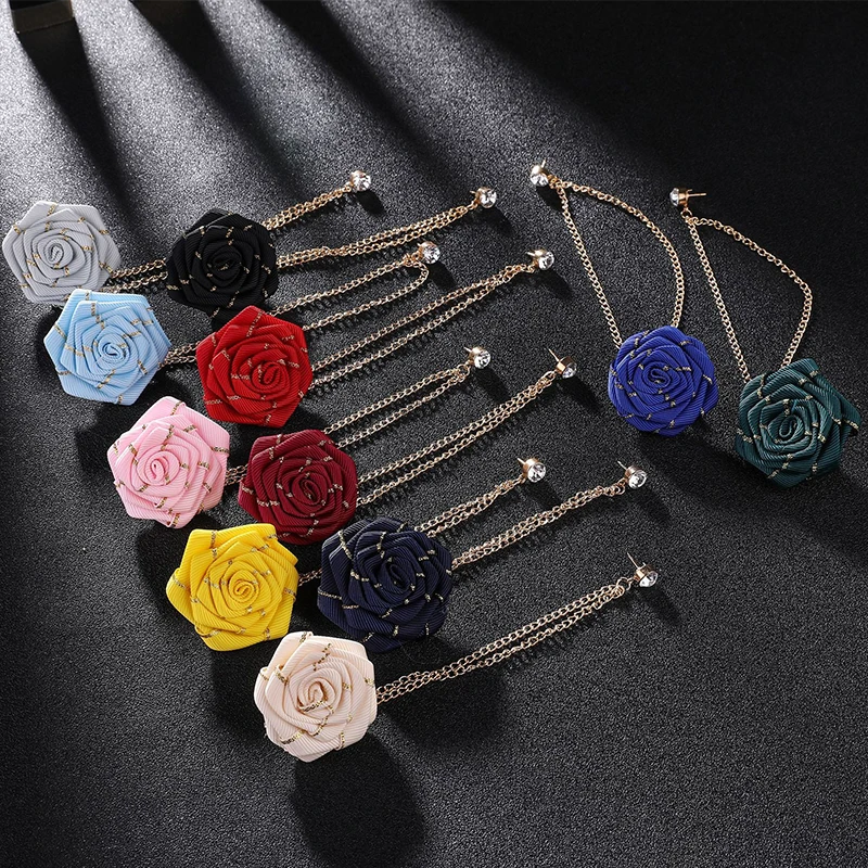 Korean Style Handmade Rose Flower Brooch Pin for Men Wedding Groomsmen Tassel Chain Lapel Accessory Cloth Art Suit Badge