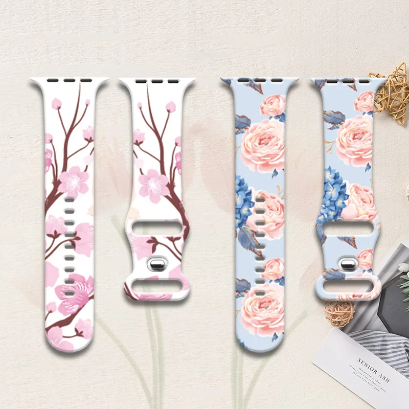 Silicone Loop Band for Apple Watch Serie 9 8 7 6 5 4 SE Ultra Floral Printed Strap Bracelet IWatch 49mm 45mm 44mm 42mm 41mm 40mm