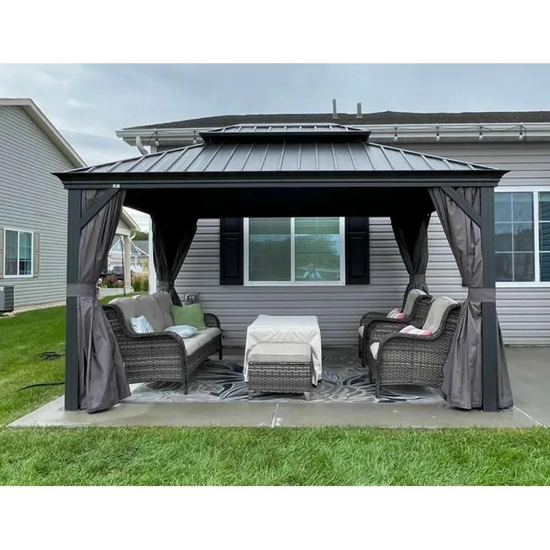 Hardtop Gazebo Courtyard 10\' X 13\' Aluminum Permanent Gazebo With Galvanized Steel Double Roof For Patio Lawn And Garden gazebo