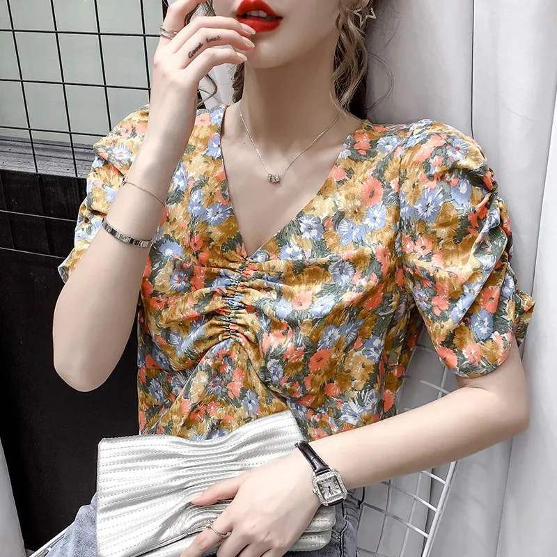 Tops For Women Summer 2020 Vintage Korean V Neck Ruched Flower Short Sleeve Chiffon Floral Print Blouse Shirt Top Women Clothing