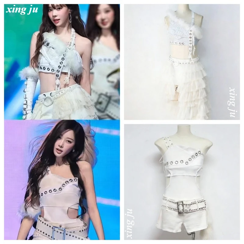 

Xing Ju Kpop Korean Singer Stage White Halter Tops Sexy Lace Irregular Skirt Tight Shorts Women Group Jazz Performance Costumes
