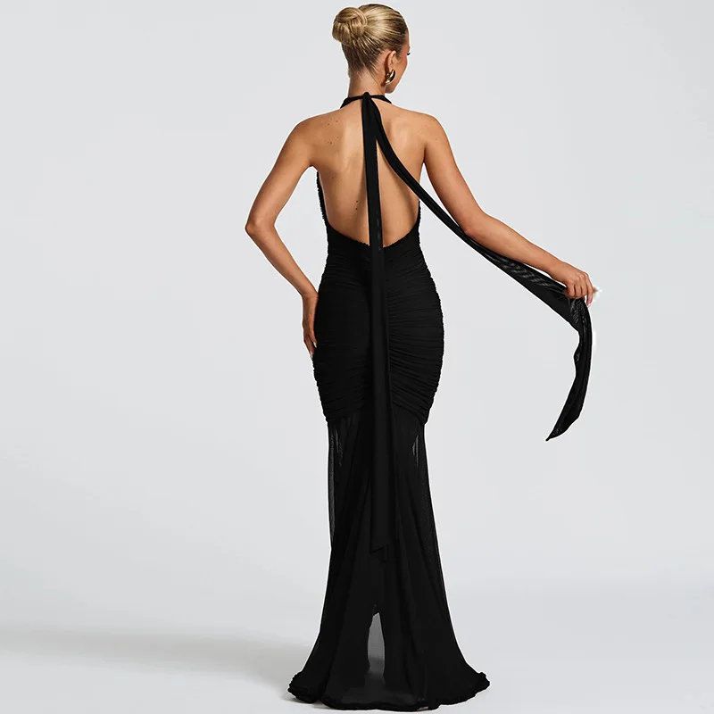 Elegant Red Sheer ตาข่าย Patchwork เซ็กซี่ Halter Backless Maxi ชุดผู้หญิงฤดูร้อน V คอ Ruched แขนกุดวันหยุด Party Dress