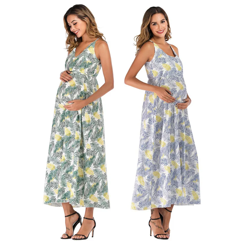 

Sleeveless Maternity Calf-Length Dress with Belt - Adjustable Waist for Expecting Moms