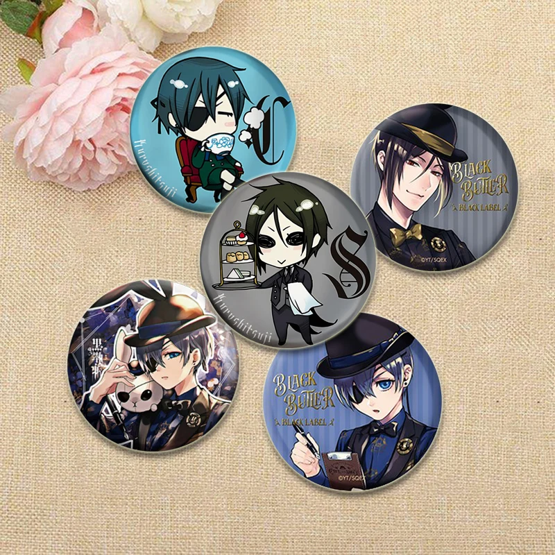 Anime Black Butler Badge Round Pin Sebastian·Michaelis Ciel Phantomhive Cartoon Brooches Men and Women Clothing Accessories Gift