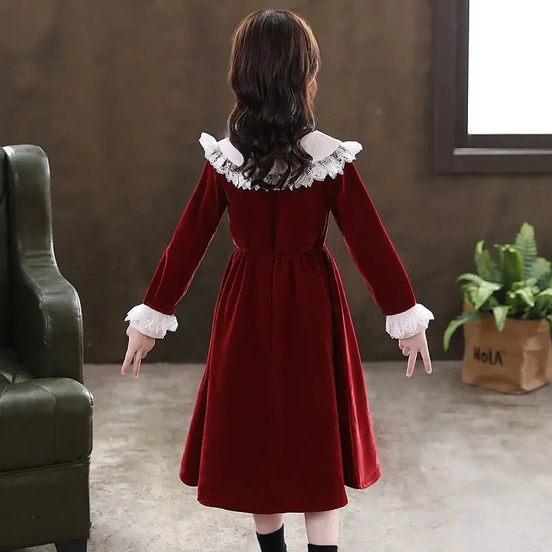 2024 teens Children Clothes spring Autumn Girls Christmas Dress Kids Long Sleeves wine red lace cuffs princess pearl 4 12 year