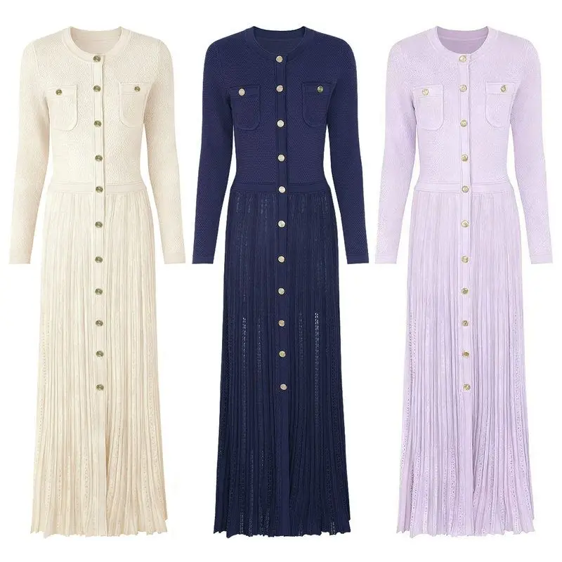 

Elegant Knitted Long Sleeve Hollow out Slimming Dress Fashionable Midi Bodycon Gown for Women Business Casual Spring Autumn