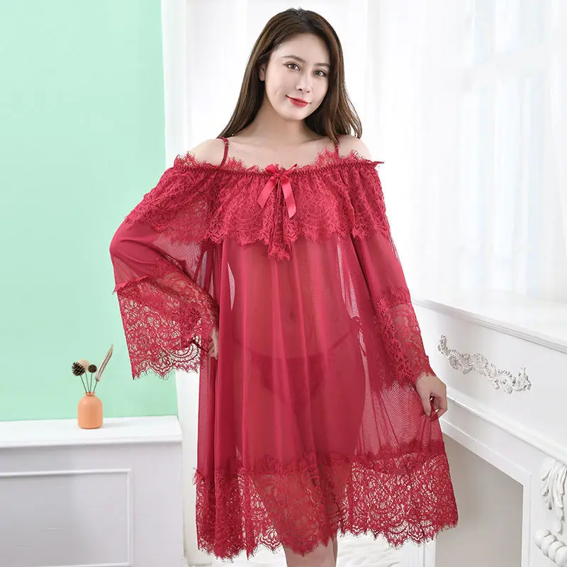 

Fdfklak M-3XL Plus Size Nightgowns Women Spring Summer Nightdress Loose Lace Long Sleeve Nightshirt Slash Neck Sleepwear Dress