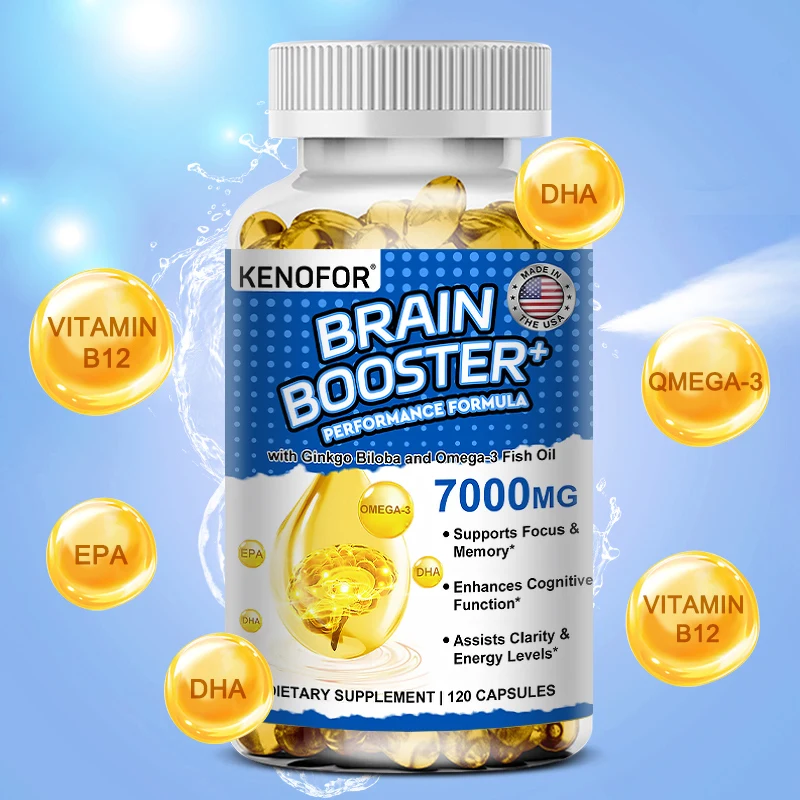 Omega 3 Fish Oil Brain Supplement - Vitamin B12, Ginkgo Biloba, EPA & DHA Non-GMO Gluten-Free Dietary Supplement, Focus, Memory