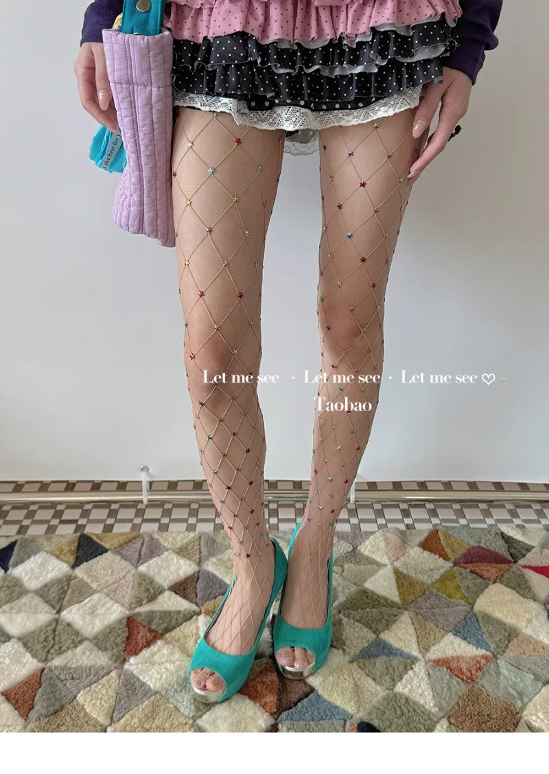 Japanese New Style Hot Girl Y2K Fishnet Stockings Star Rhinestone Fishnet Tights Subculture Unique Design Pantyhose Sexy Hosiery