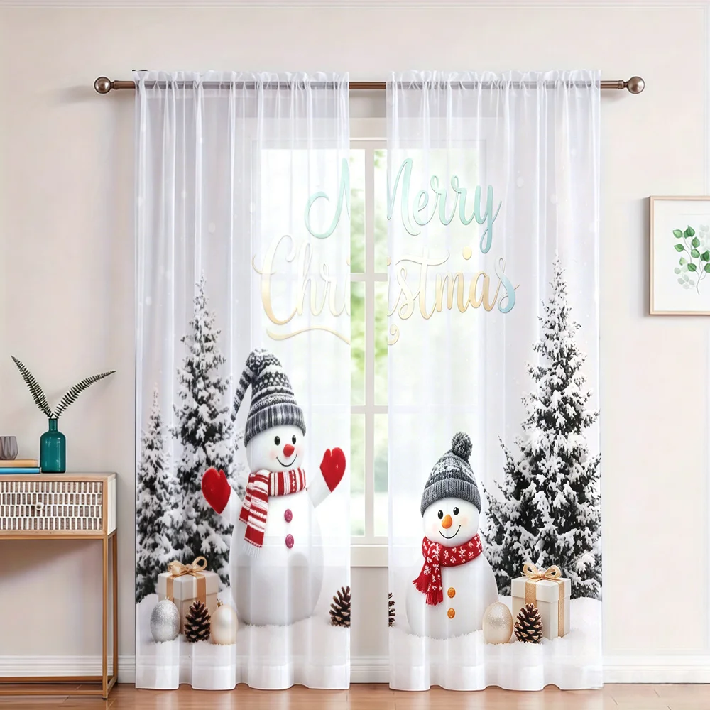 2PCS Christmas Winter Sheer Curtains, Snowman Pine Tree, Digital Print, Bedroom Living Room, Rod Pocket Polyester, Home Decor