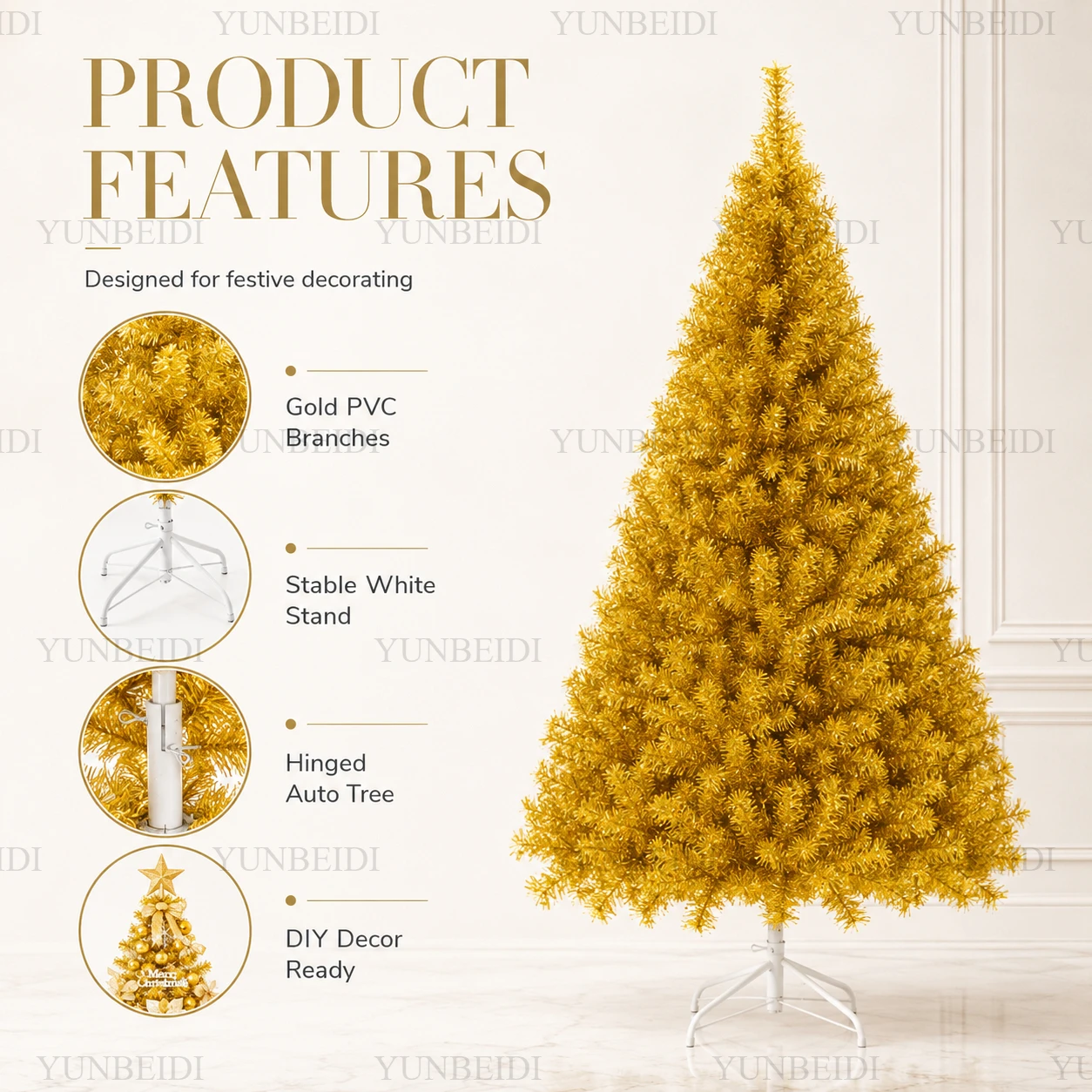 Goldener Künstlicher Weihnachtsbaum aus PVC mit Warmen LED-Lichtern 120cm bis 240cm Goldener Weihnachtsbaum für Zuhause, Party und Weihnachtsstimmung