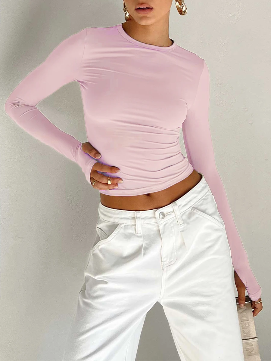 Basic Crewneck Casual Crop Tops for Women y2k Solid Skinny Long Sleeve Slim Fits Stretchy Cropped Tees T-shirts with Thumb Holes