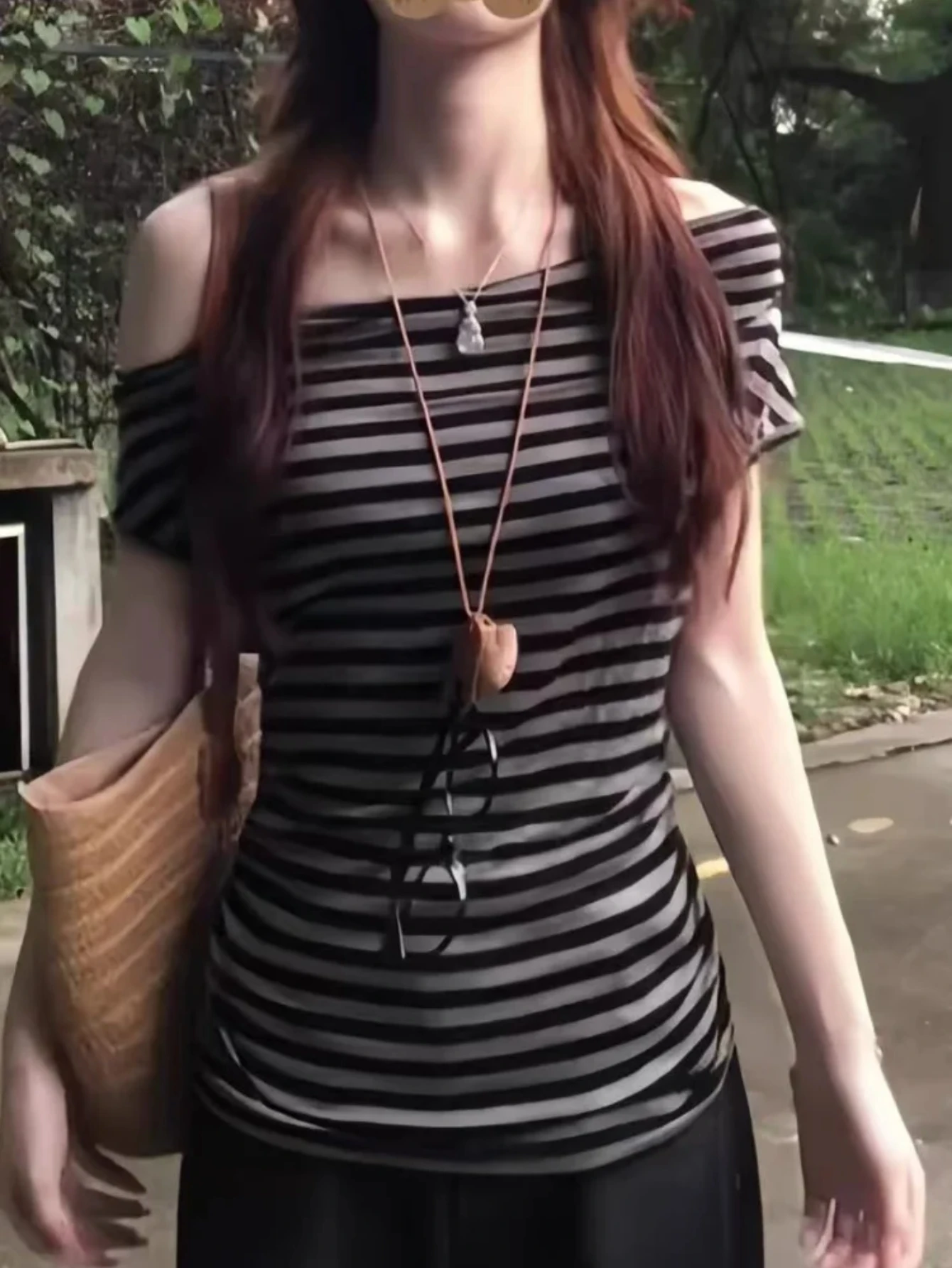 

T-shirt Women Long Sleeve Off Shoulder Striped Tops Y2k Aesthetic Streetwear T Shirts