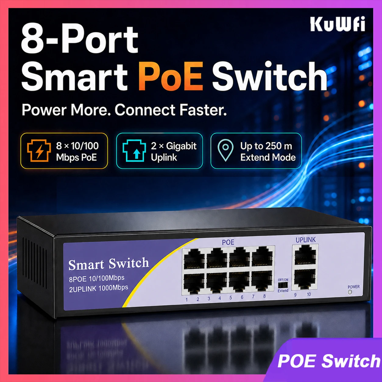 KuWFi POE Network Switch 8 POE 2 UPLink 1 SFP 4KV Lightning Protection Ethernet Switch Extend 250M Long Range for CCTV IP Camera