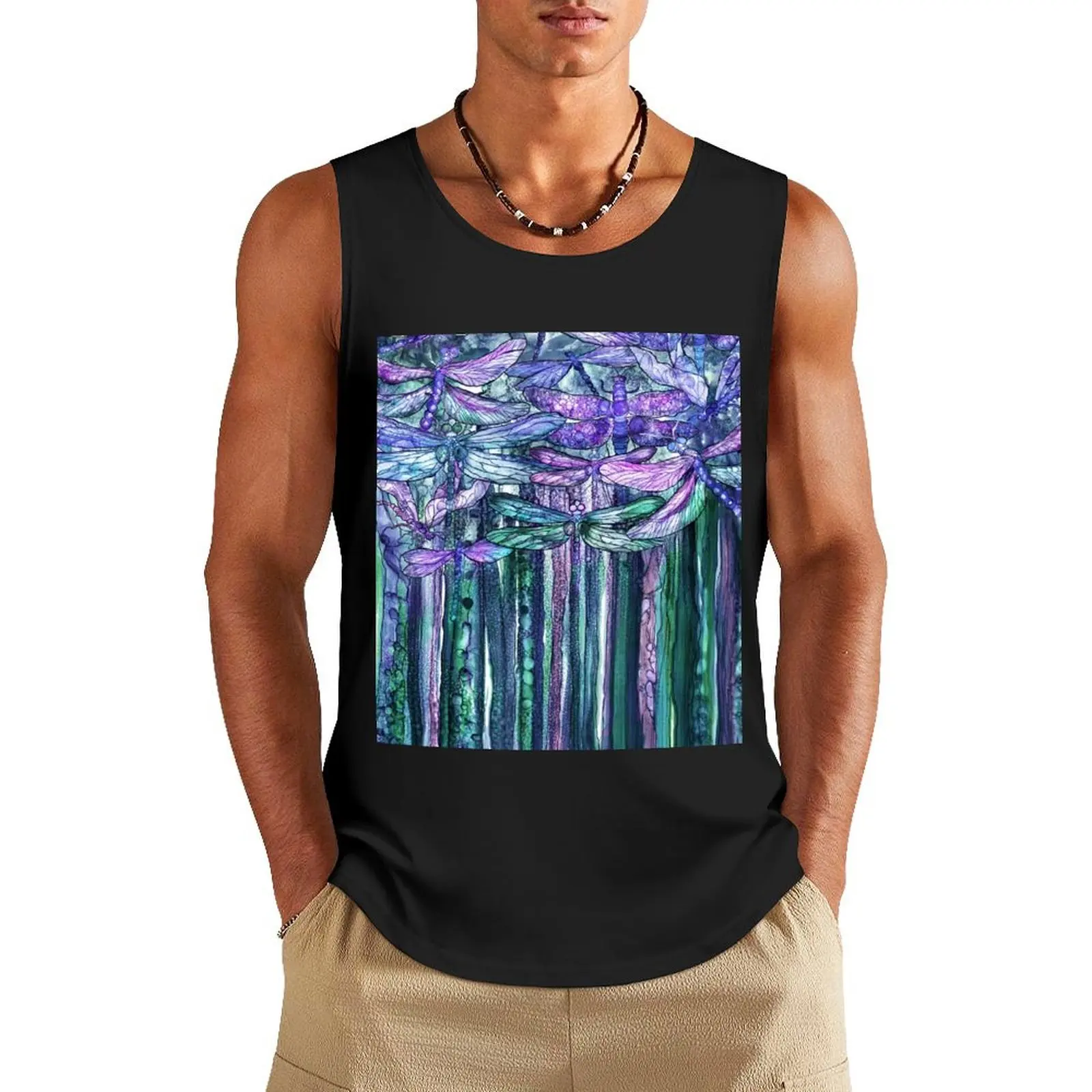 Dragonfly Bloomies 1 - Lavender Teal Tank Top summer Men's tops clothes for men summer