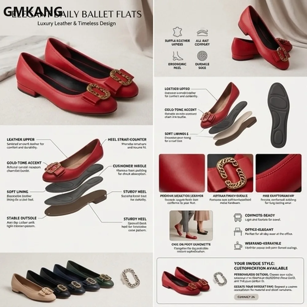 Women's Leather Ballerina Flats Gold Chain Link Buckle Shoes Comfortable Slip-On Loafers Soft Insole Dressy Casual
