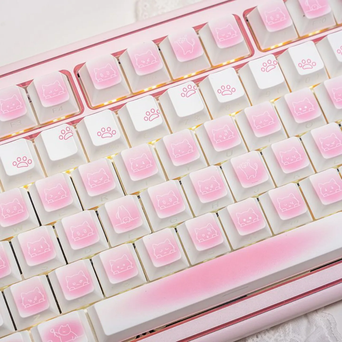 Cherry Rouge Cat Keycap 130 Key Cute Translucent Keycap PBT Compatible for 60% 65% 75% 96% 98% 100% Mechanical Keyboard