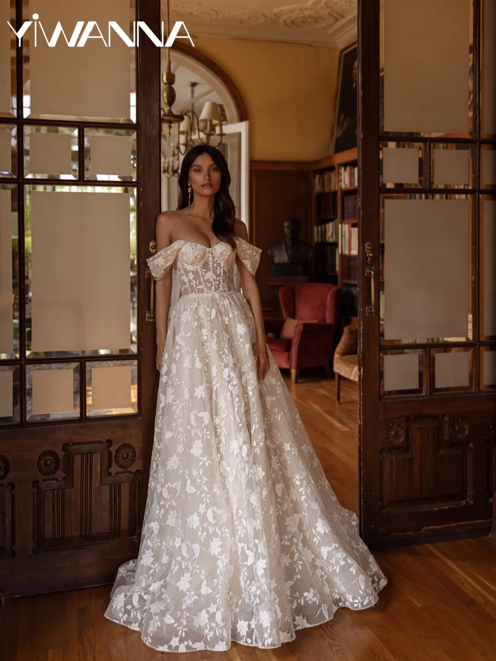 

2026 Ivory Lace Applliques A-line Long Wedding Dress Off Shoulder Bridal Gown Customized Sweetheart Neck Dresses For Bride
