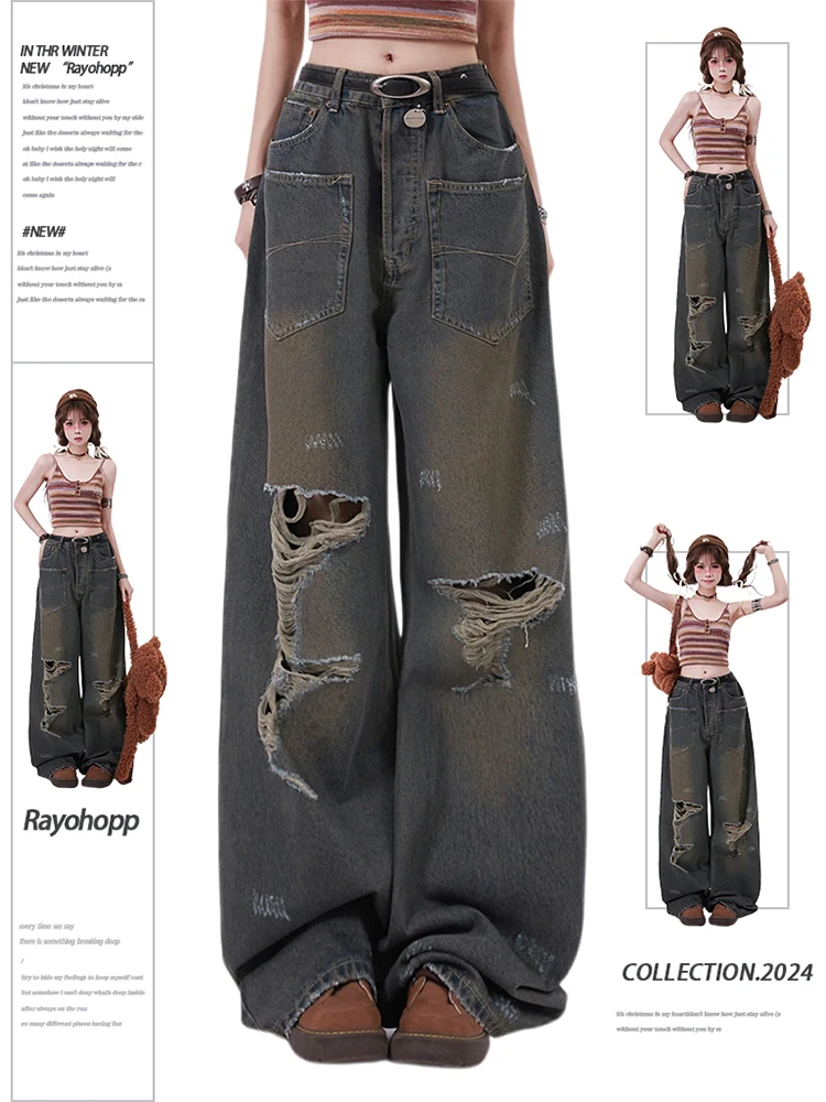 

Women's Blue Ripped Jeans Harajuku Y2k Japanese 2000s Style 90s Aesthetic Baggy Denim Trousers Jean Pants Vintage Trashy Clothes