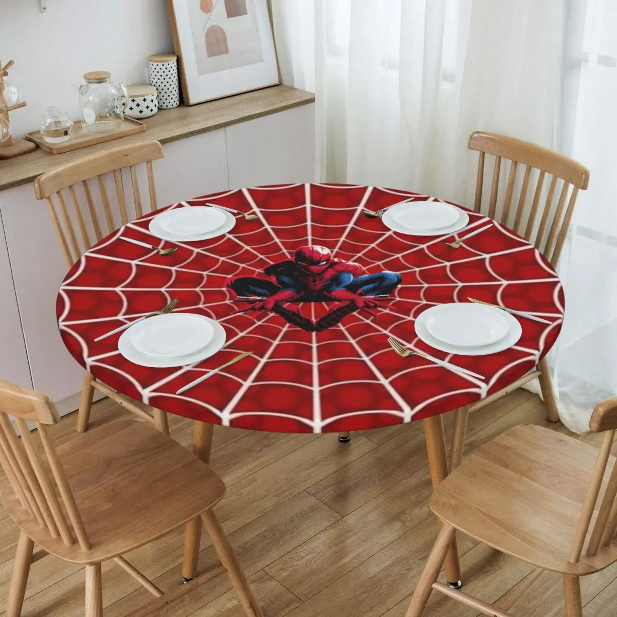 Customized Comic    Spider Man Tablecloth Round Fitted Waterproof Cartoon Animated Table Cover Cloth for Kitchen