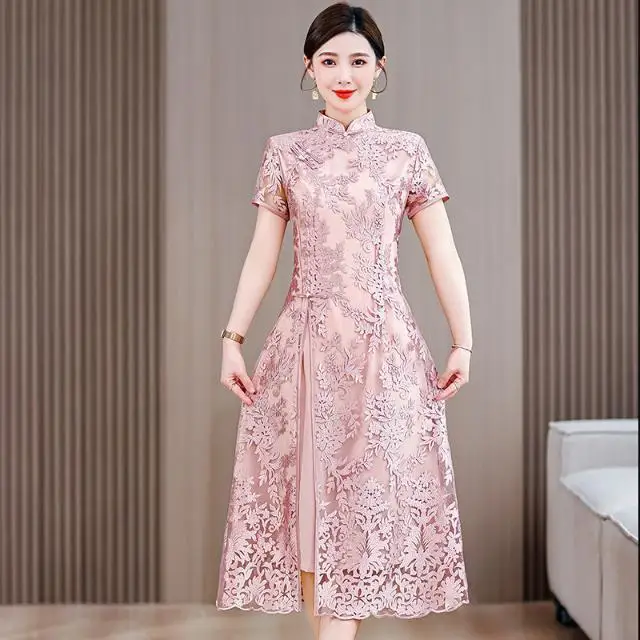 

Chinese Traditional Dress Lace Qipao National Flower Embroidery Cheongsam a-line Dress Oriental Elegant Wedding Party Dress