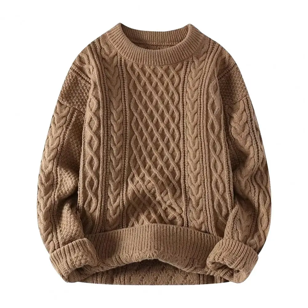 

Men Sweater Rhombus Texture Knit Loose Thick Round Neck Pure Color Long Sleeves Stretchy Knitwear Daily Wear School Sweater