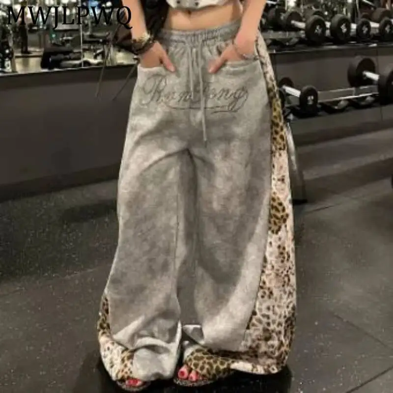 MWJLPWQ Vintage Washed Baggy Sweat Pant Side Leopard Print Panel Script Embroidery Drawstring Cuff Women Y2k Street Bottom 16977