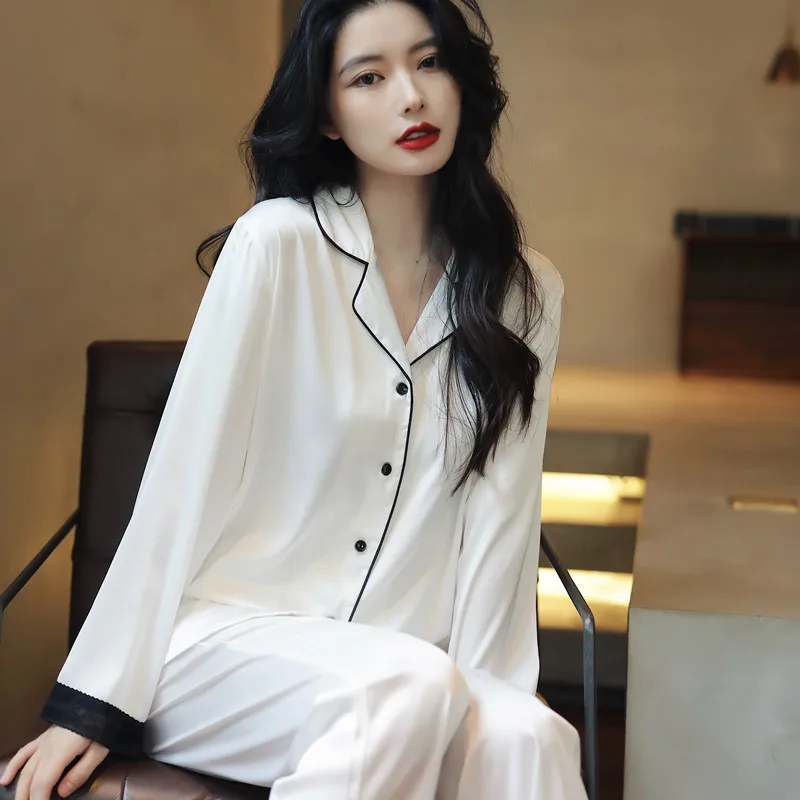 Women's ice silk pajamas long sleeved home clothes sexy lace spring and summer cardigan wool sweater set