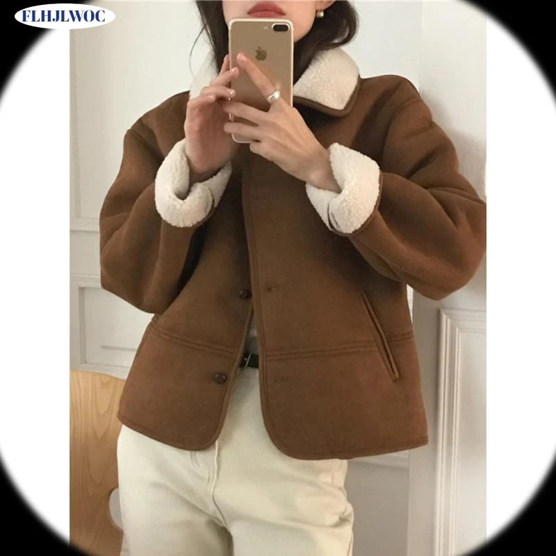 Winter Vintage Short Coats Outerwear Women Japan Preppy Style Girls Korea Single Breasted Button Warm Wool Velvet Thick Jackets