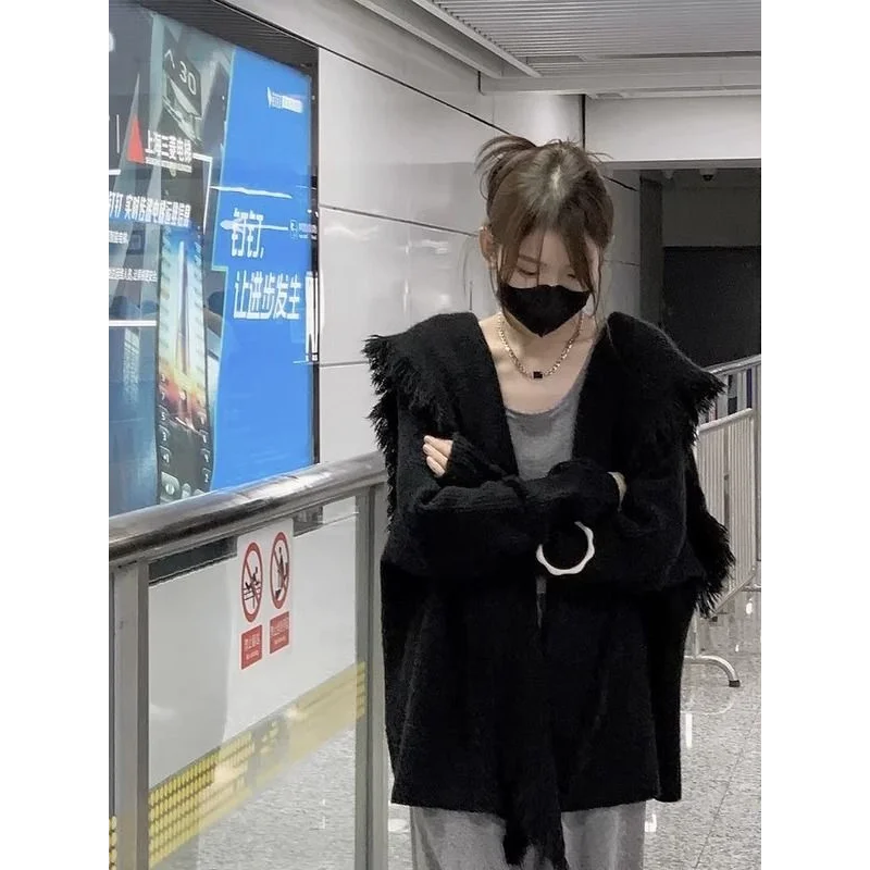 

Navy Collar Tassel Raw Edge Sweater Cardigan for Women Autumn and Winter Loose Lazy Slim Knitted Popular Jacket Top